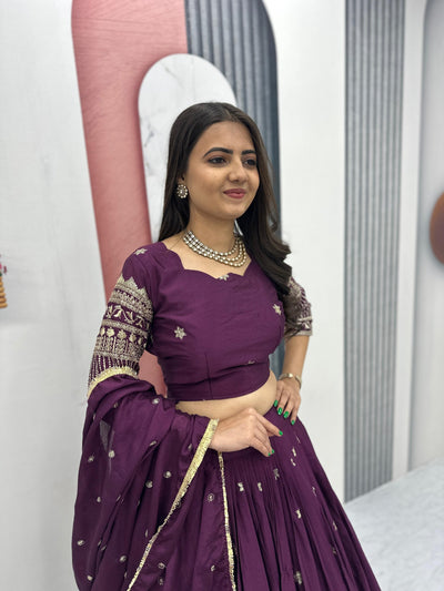 Wine Chinon Silk Embroidery And Sequence Work Lehenga Choli