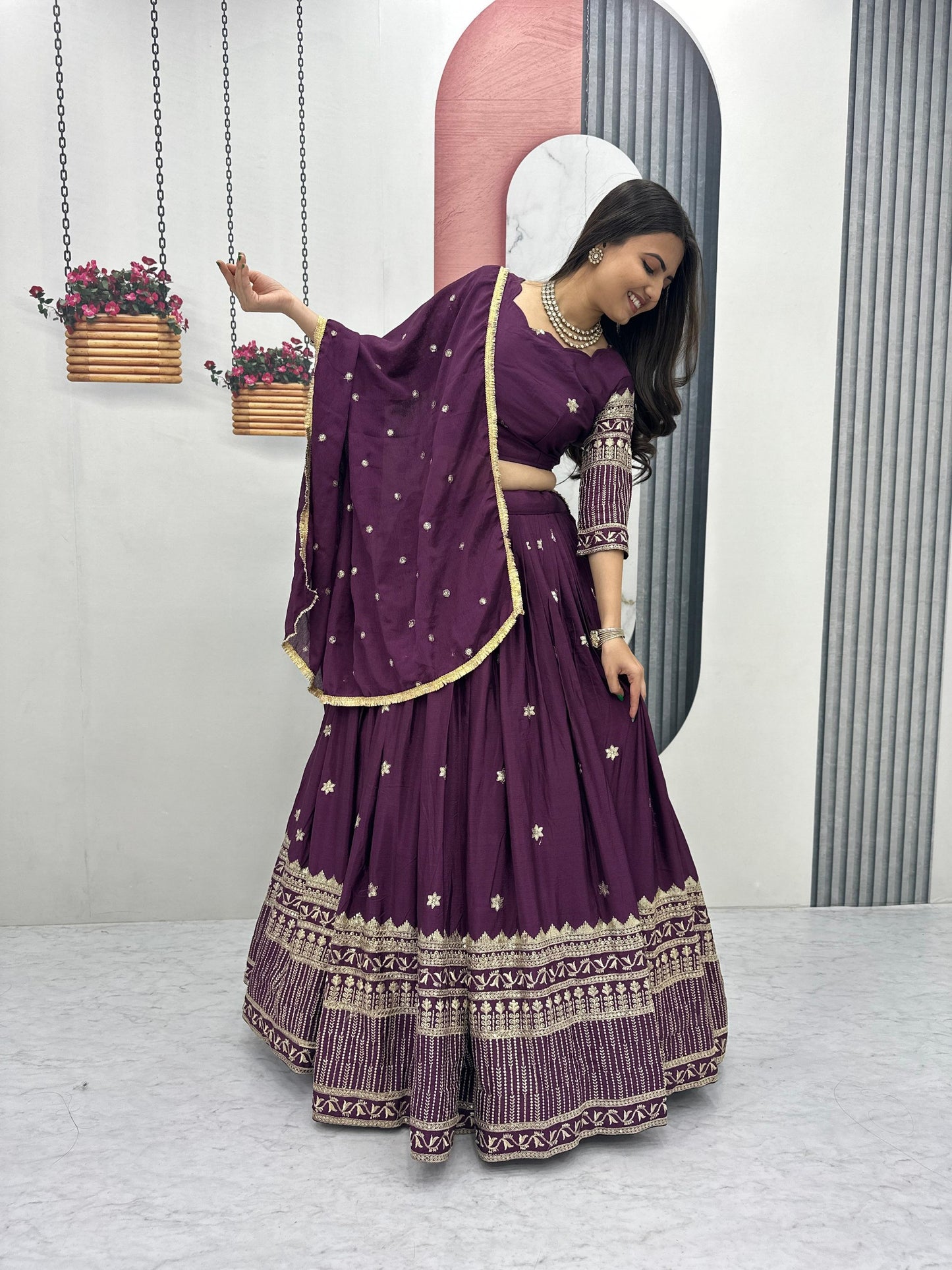 Wine Chinon Silk Embroidery And Sequence Work Lehenga Choli