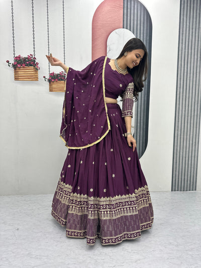 Wine Chinon Silk Embroidery And Sequence Work Lehenga Choli