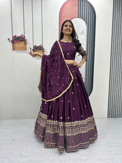 Wine Chinon Silk Embroidery And Sequence Work Lehenga Choli