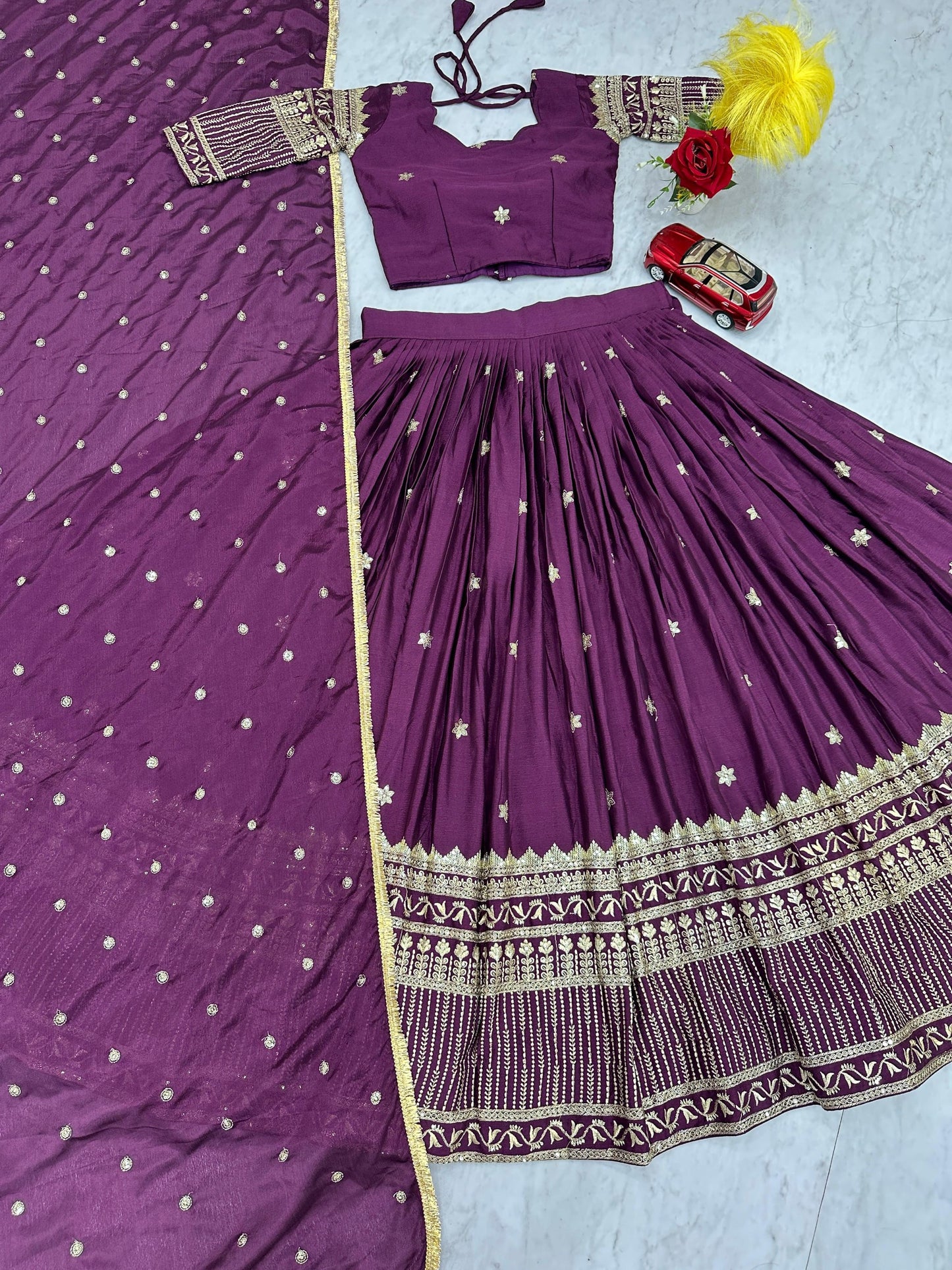 Wine Chinon Silk Embroidery And Sequence Work Lehenga Choli