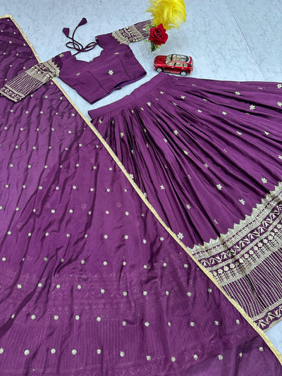 Wine Chinon Silk Embroidery And Sequence Work Lehenga Choli