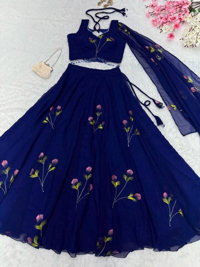 Royal Blue Color Georgette With Hand Painted Ready To wear Lehenga Choli