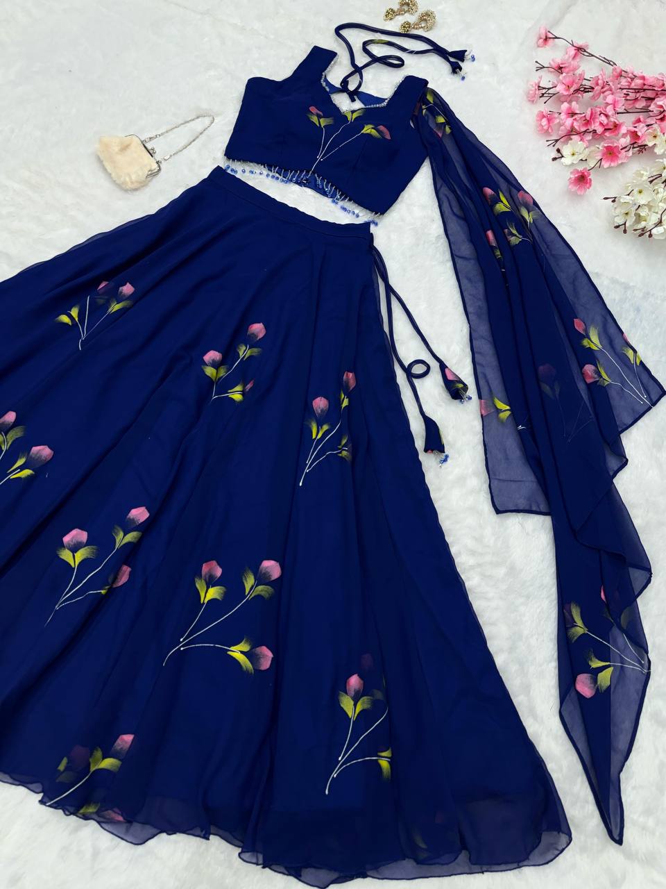 Royal Blue Color Georgette With Hand Painted Ready To wear Lehenga Choli
