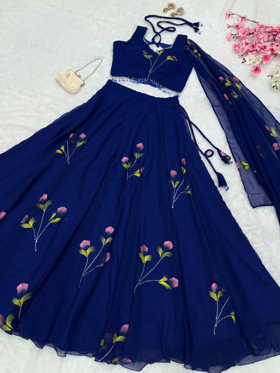 Royal Blue Color Georgette With Hand Painted Ready To wear Lehenga Choli