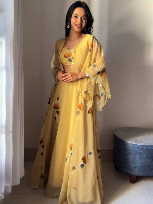 Yellow Color Georgette With Hand Painted Ready to Lehenga