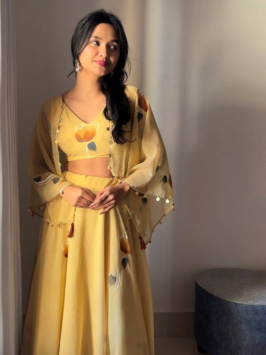 Yellow Color Georgette With Hand Painted Ready to Lehenga