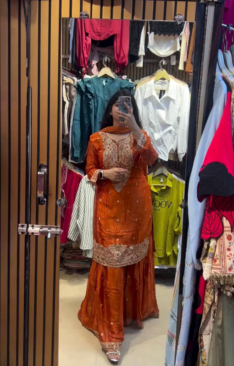Orange Color Fandy silk With Sequence Work Sharara Suit For Women
