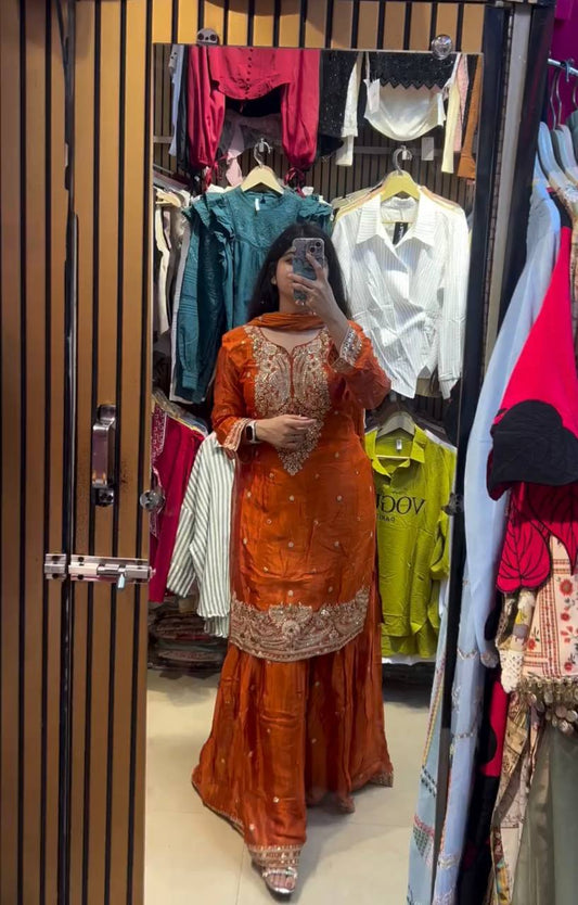 Orange Color Fandy silk With Sequence Work Sharara Suit For Women