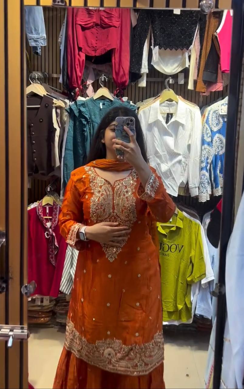Orange Color Fandy silk With Sequence Work Sharara Suit For Women