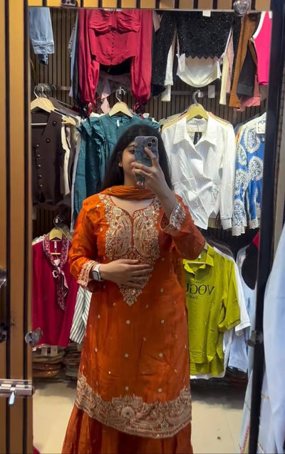 Orange Color Fandy silk With Sequence Work Sharara Suit For Women