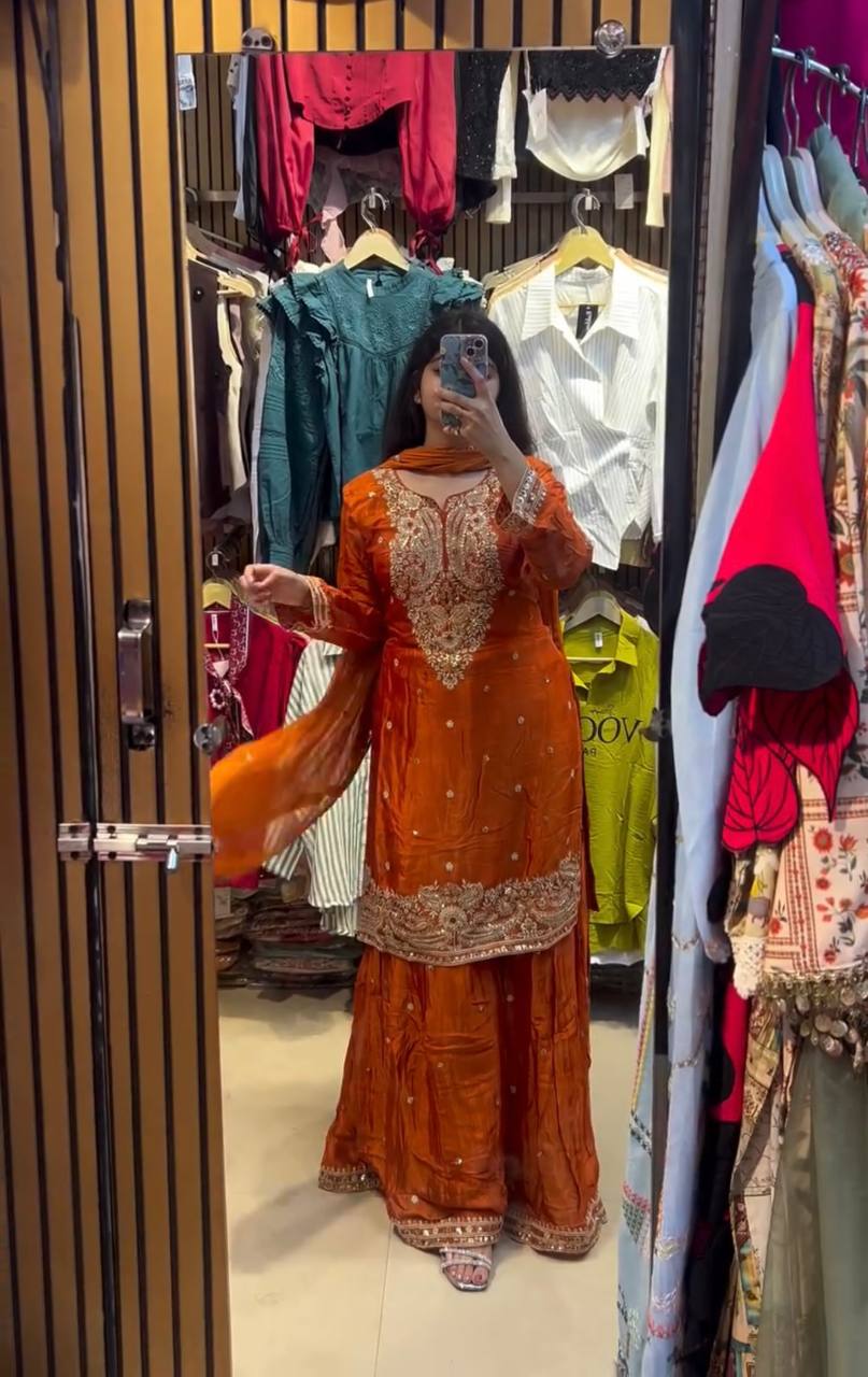 Orange Color Fandy silk With Sequence Work Sharara Suit For Women