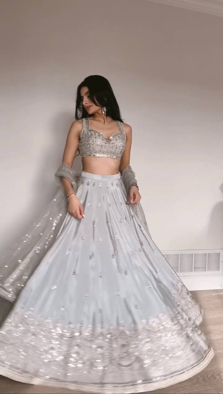 Gray Color Beautiful Thread With Sequence Work Lehenga Choli