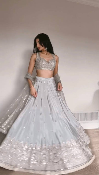 Gray Color Beautiful Thread With Sequence Work Lehenga Choli