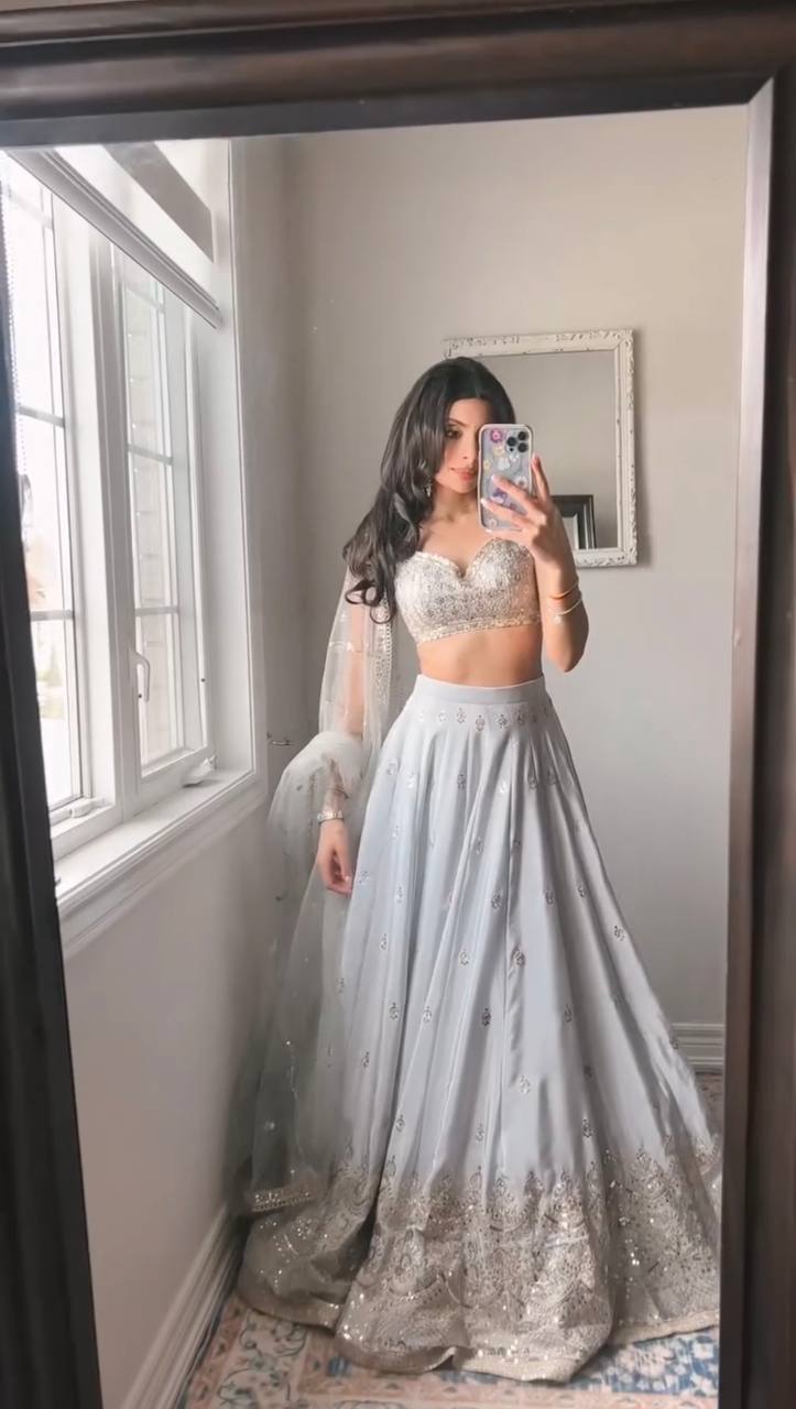 Gray Color Beautiful Thread With Sequence Work Lehenga Choli