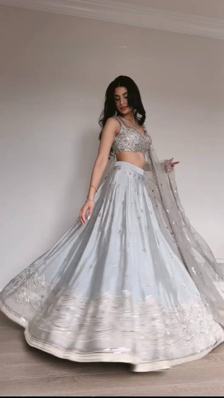 Gray Color Beautiful Thread With Sequence Work Lehenga Choli