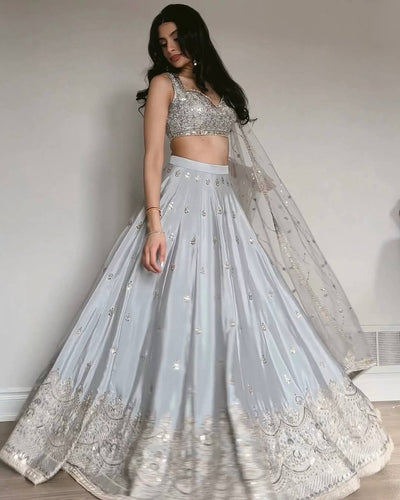 Gray Color Beautiful Thread With Sequence Work Lehenga Choli