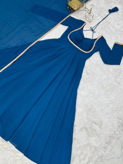 Rama Blue Color Georgette Wear Long Anarkali Gown With Dupatta