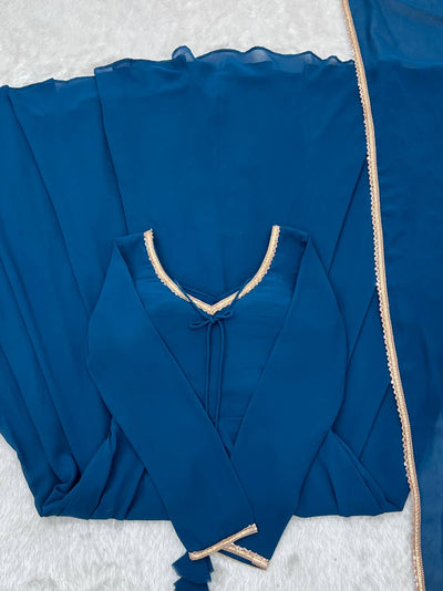 Rama Blue Color Georgette Wear Long Anarkali Gown With Dupatta