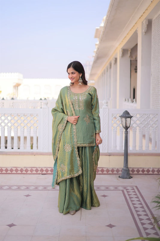 Pista Green Color Mahendi Function Wear Sequence Work Sharara Suit