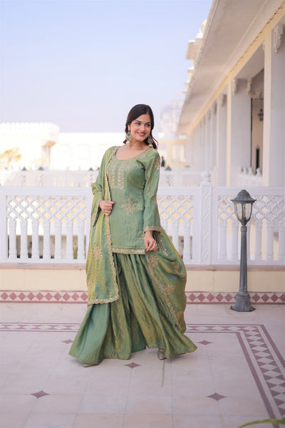 Pista Green Color Mahendi Function Wear Sequence Work Sharara Suit