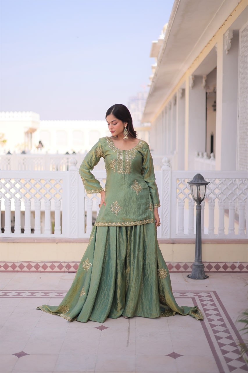 Pista Green Color Mahendi Function Wear Sequence Work Sharara Suit