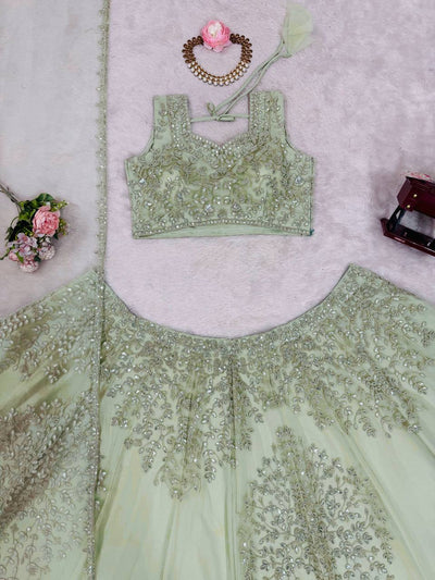 Pista Green Color Butterfly Net Coding With Sequence Work Lehenga Choli