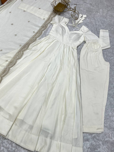 White Color Soft Georgette With Sequence Work Long Anarkali Gown