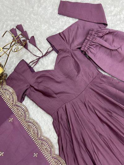Purple Color Festive Wear Gown With Dupatta