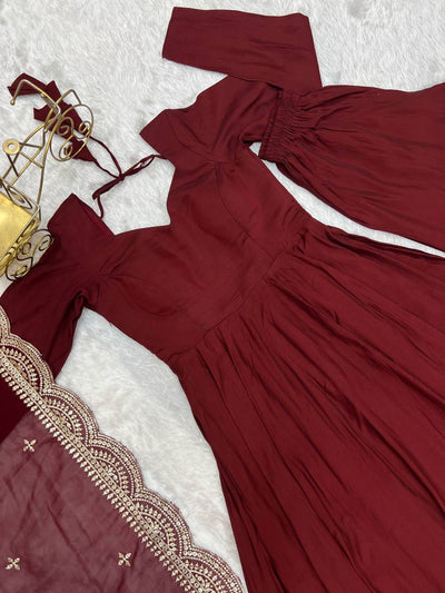 Maroon Color Roman Silk Wear Anarkali Gown With Heavy Dupatta