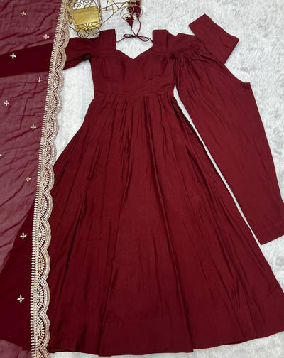 Maroon Color Roman Silk Wear Anarkali Gown With Heavy Dupatta
