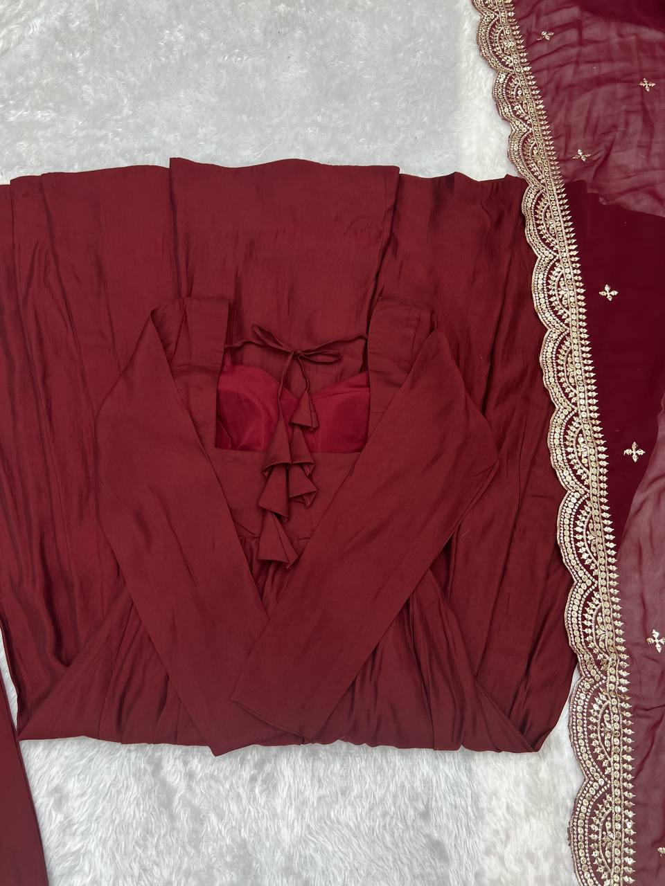 Maroon Color Roman Silk Wear Anarkali Gown With Heavy Dupatta