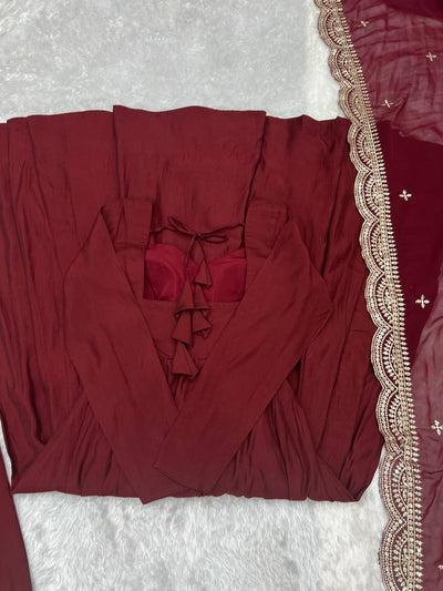 Maroon Color Roman Silk Wear Anarkali Gown With Heavy Dupatta