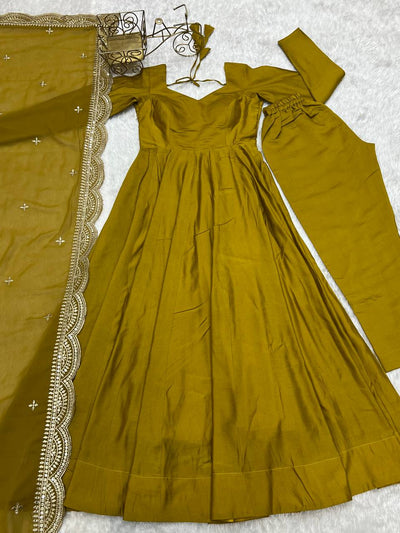 Parrot Green Color Roman Silk Wear Three Piece Anarkali Gown