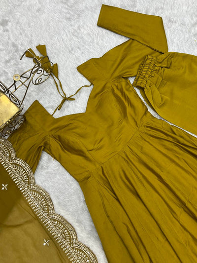 Parrot Green Color Roman Silk Wear Three Piece Anarkali Gown