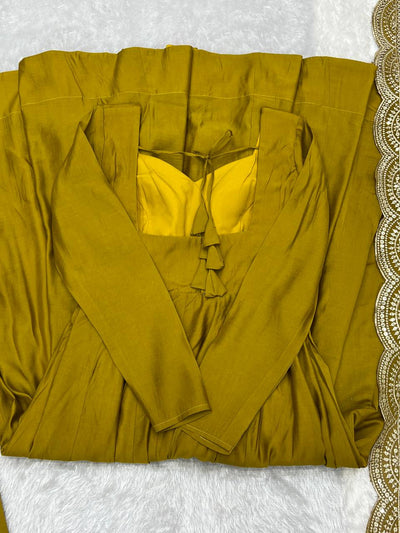 Parrot Green Color Roman Silk Wear Three Piece Anarkali Gown