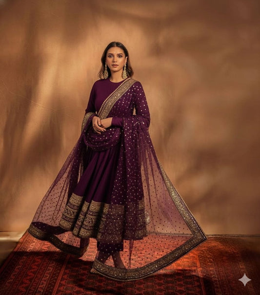 Wine Color Georgette With Embroidery And Sequence Work Anarkali Gown