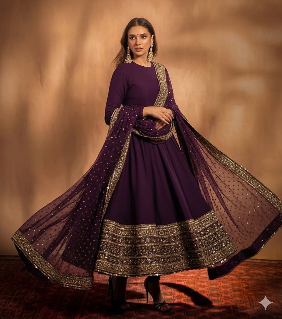 Wine Color Georgette With Embroidery And Sequence Work Anarkali Gown