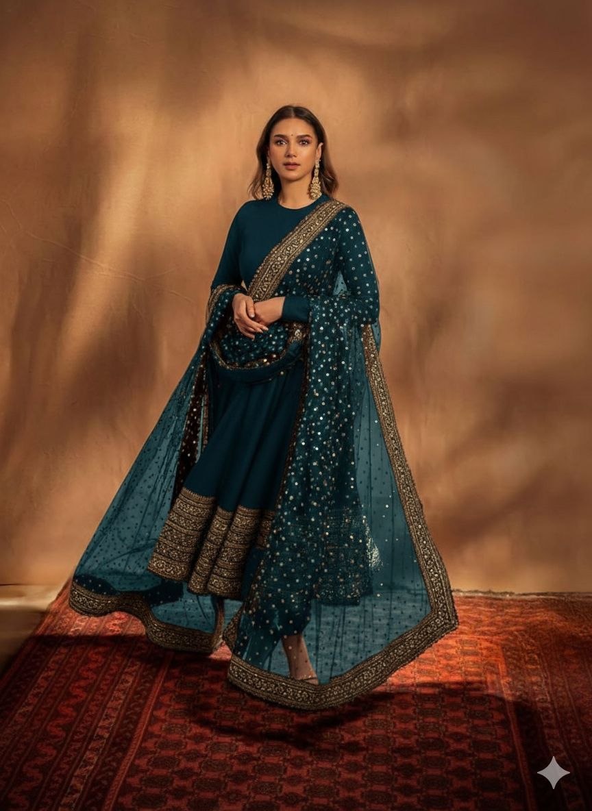 Rama Color Georgette With Embroidery And Sequence Work Anarkali Gown and Dupatta