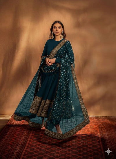 Rama Color Georgette With Embroidery And Sequence Work Anarkali Gown and Dupatta