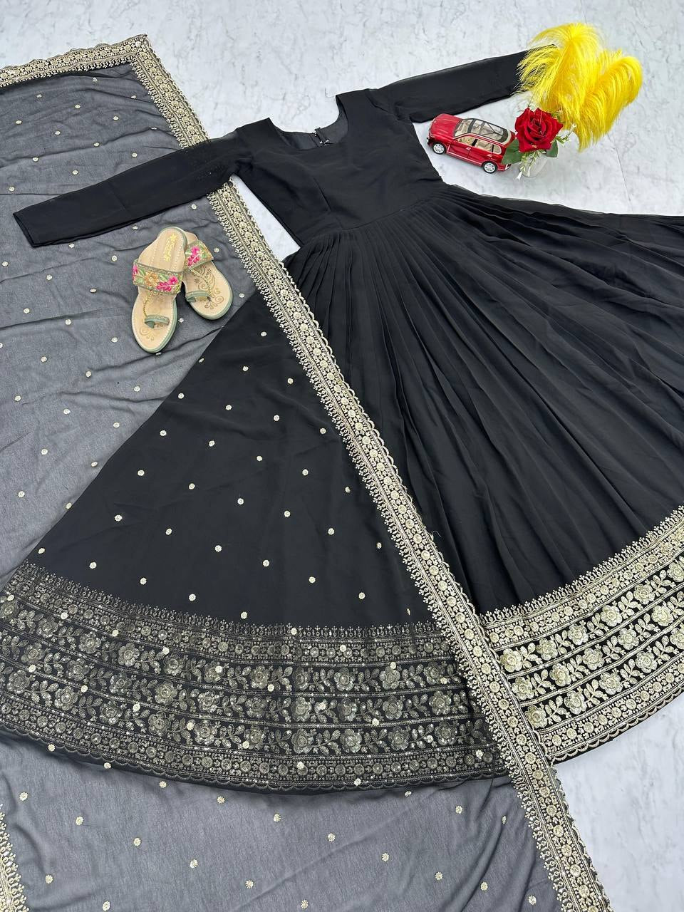 Classy Black Color Anarkali Gown With Heavy Dupatta