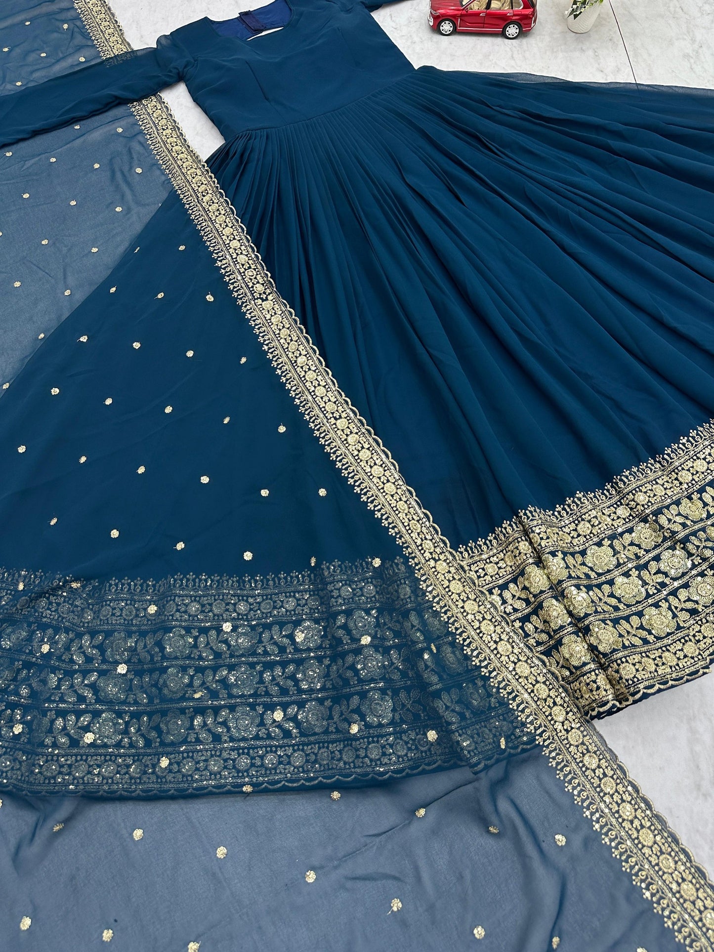Rama Color Georgette With Embroidery And Sequence Work Anarkali Gown and Dupatta